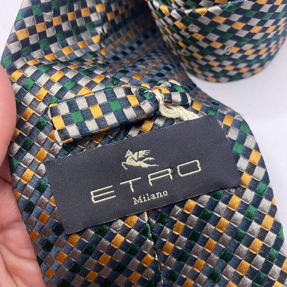 ETRO Woven Check Pattern 100% Silk Tie Green Yellow Grey Made in Italy - Picture 3 of 4